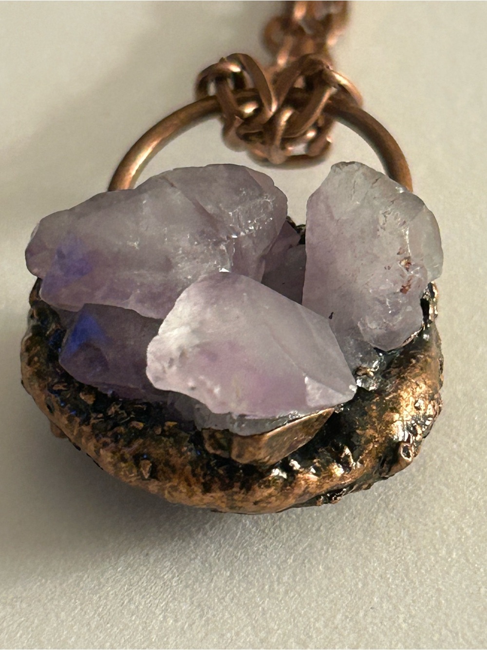 NWOT Necklace Artisan Amethyst crystals, Brutalist copper sculpture, chain - Picture 7 of 12